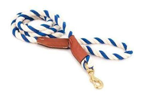 Pet Stop Store Blue & White Cotton Rope Leash with Leather Accents