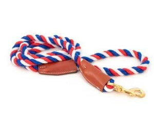 Pet Stop Store Red White Blue Cotton Rope Leash with Leather Accents